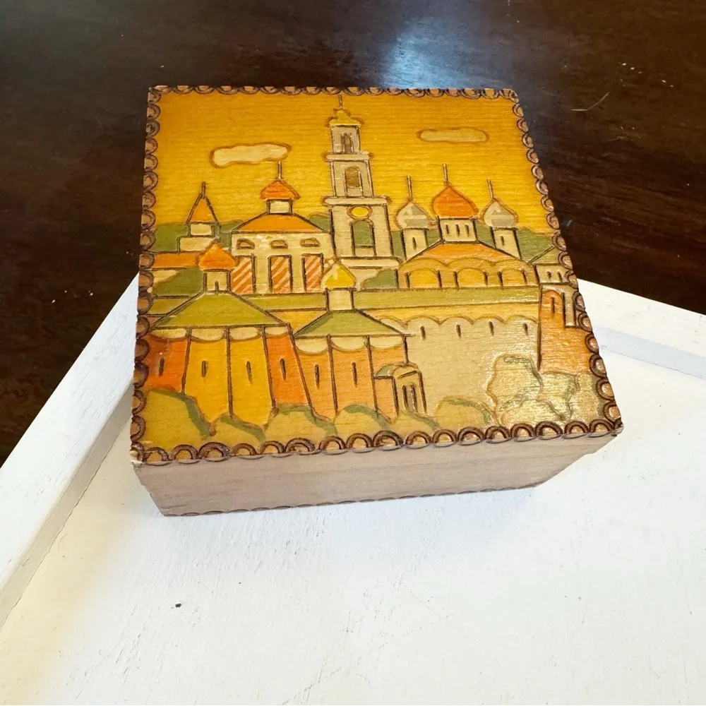 Russian Wood Box Town Scene done in Pyrography Vintage